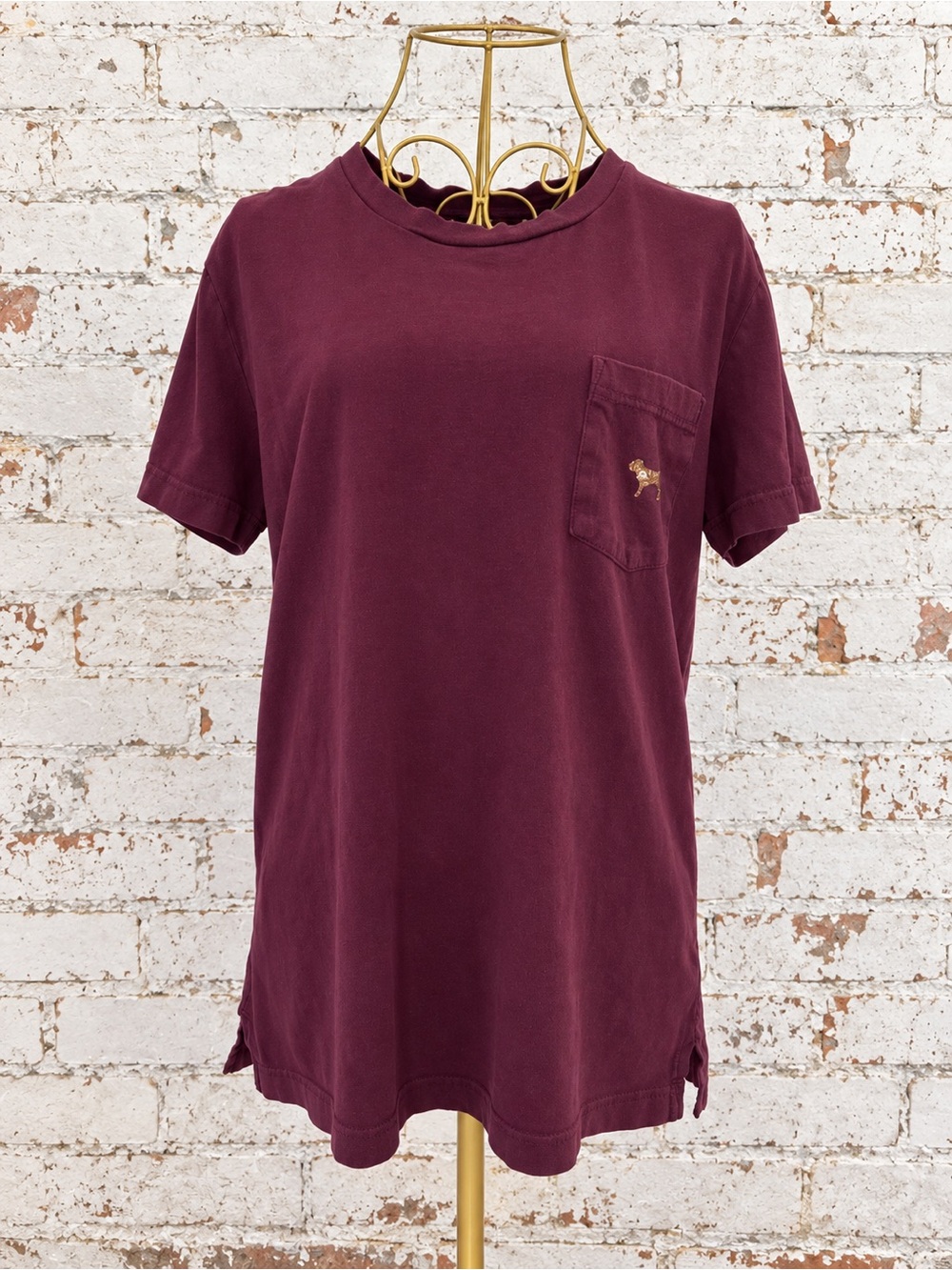 Victoria’s Secret PINK Burgundy Sequence Dog Pocket Tee Size Small 100% Cotton